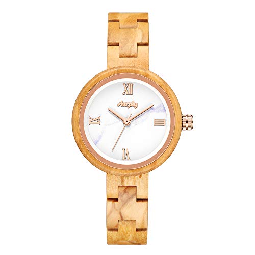 Womens Wooden Watch Stylish Wood and Stainless Steel Combined Quartz Casual Wristwatches Olive Wood Rose Gold