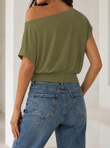 Image of SOFIA'S CHOICE Women's Off The Shoulder T Shirt Crop Top Casual Summer Dolman Sleeve Asymmetrical Cinched Waist Tops