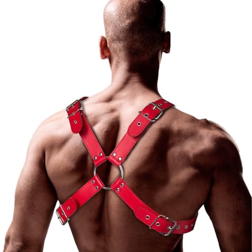 Punk Body Brust Harness für Herren - Leder Brustgurt, Gothic Kleidung Einstellbar, Sexy Sklave Bandage Kostüm, Schultergurt für Cosplay Nachtshow-Kostüm Clubwear (Rot)