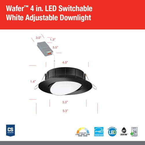 Image of Juno WF4 ADJ SWW5 90CRI MB M6 Wafer-Thin LED Downlight, Adjustable Trim, Switchable CCT 2700K, 3000K, 3500K, 4000K, and 5000K, 90+ CRI, Matte Black, 4-Inch