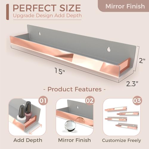 Image of 4 Pack 15 Inch Rose Gold Reflective Acrylic Floating Wall Shelves