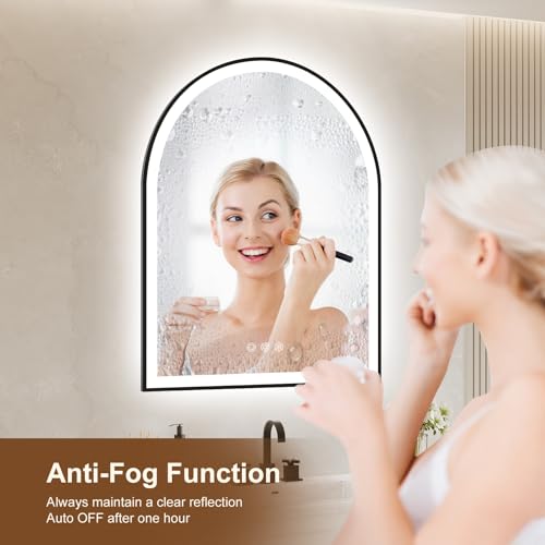 Image of Arched LED Mirror for Bathroom 24 inchx30 inch, Black Lighted Bathroom Mirror with Lights-Fogless, Dimmable, 3 Color Changing, Shatterproof, Touch Sensor