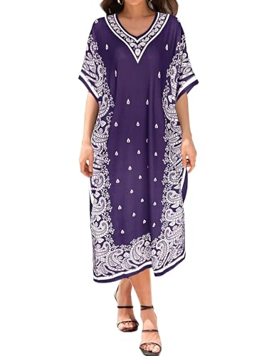 Image of Bloggerlove Women's Caftan Nightgown with Pockets, Long House Dress | Half Sleeve, Kaftan, Mumu Dress, Sleepwear, V-Neck, Full Length, Lounge Dress, 2 Side Pockets