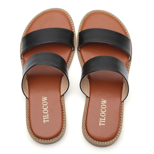 Image of Tilocow Women's Flat Sandals Two Strap Summer Dressy Studded Slide Sandals Open Toe Cute Casual Slip on Comfort Shoes for Beach Travel Daily Wear