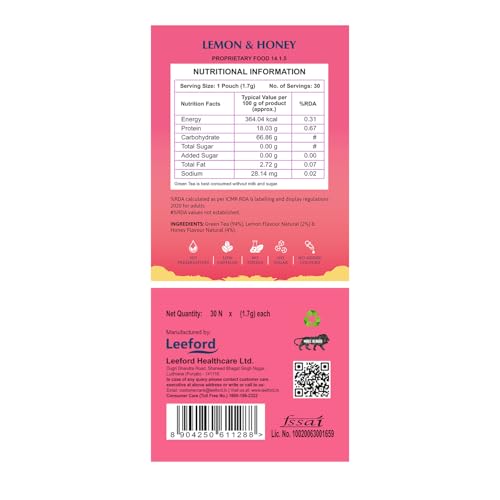Image of Leeford Lemon & Honey Green Tea - Pack of 2 (30 Tea Bags Each) | Refreshing Herbal Blend | Rich in Antioxidants | Supports Immunity & Metabolism | Zero Calories | Natural Detox Drink