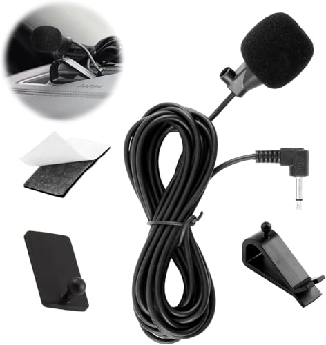 3,5 mm Micrófono Estéreo de Coche, Micrófono de Coche, Compatible con Radio de Coche Sony JVC Kenwood Jensen Alpine, Micrófono con Abrazadera en U, Adhesivo para Colocar, Plug and Play, Cable de 2m