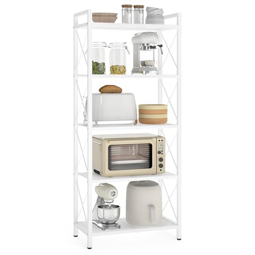 Image of SONGMICS 5-Tier Steel Storage Rack, Shelving Unit with X Side Frames | Dense Mesh, 12.6 x 23.6 x 57.3 Inches, for Entryway, Kitchen, Living Room, Bathroom, Cloud White UBSC165W01