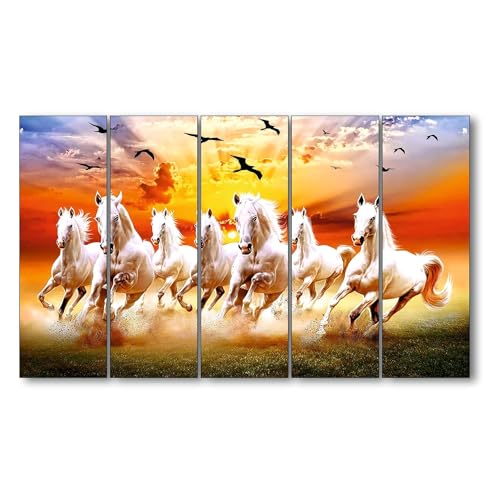 Image of KYARA ARTS seven vastu running horse wall painting (30 inch x 48 inch wooden multiple framed)