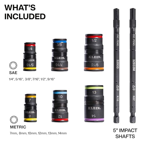 Image of Klein Tools 32933KIT SAE and Metric Impact-Rated Socket Set, 6 Flip Sockets with 12 Hex Driver Sizes, 1 /4-Inch Bit Holder, Two Impact-Rated 5-Inch Shafts