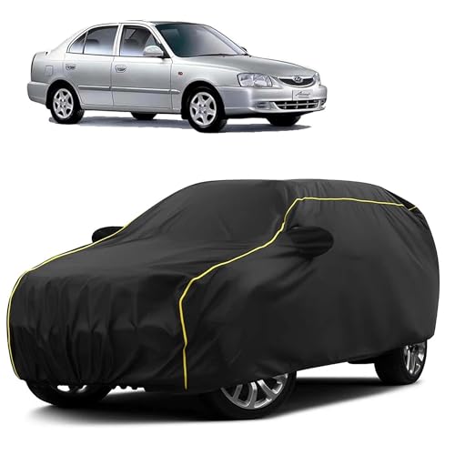 Image of Sulfar 100% Water Resistant Car Body Cover Compatible with Mirror for Hyundai Accent (Triple Stitched, Full Bottom Elastic, Black Taffeta with Yellow Piping)