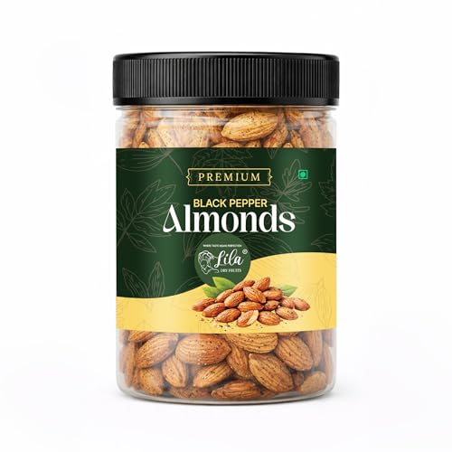 Image of LILA DRY FRUITS Flavoured Almonds 500 gms Black Pepper Flavour Crunchy Roasted Badam Snack | Spicy Namkeen Dry Fruit for Healthy Snacking Party Munching Perfect for Gifting
