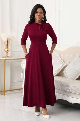 Image of FANDEE Maxi Dress for Women Long Elegant 3 /4 Sleeve Bow Tie Neck A Line Casual Party Church Dresses with Pockets