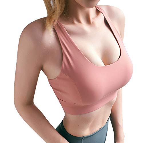 Chanhan - Sujetador deportivo para mujer (nailon, acolchado, elástico, sin costuras), Mujer, Rosa Niebla, large