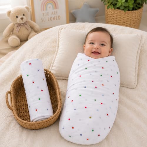 Image of Muslin Cotton Baby Swaddle | 110 x 100 cm | Ultra-Soft, Breathable & Lightweight | Multipurpose | Hypoallergenic | Unisex | Ideal Newborn Baby Gift (P1- Polka Dots)