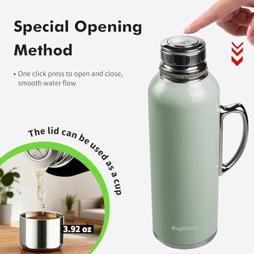 Image of 34 oz Insulated Water Bottle, Green Vacuum Stainless Steel Water Flask Jug with Handle & Metal Mechanical Temperature Measuring Cup Lid, Leakproof Travel Bottle Keep Cold 36h Hot 24h