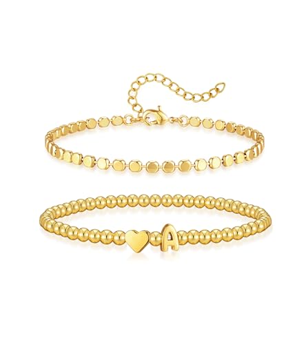 Wowshow 18K Gold Plated Stretch Initial Beaded Bracelet w/ Heart Charm (A,C,E,J,L,S) - image 1