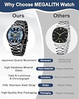 MEGALITH Herren Armbanduhr Militär Schwarz: Chronographen Wasserdicht Analog Herrenuhren - Klassisch Designer Quarzuhr mit Datum Leuchtend - Geschenke für Business Lässig Männer – Ansicht 8