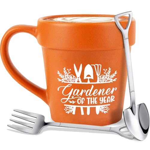 14oz Large Plant Mug With Shovel Spoon & Fork Easily Distracted By Plants Flower Pot Coffee Mug Gardening Mug - Handmade Plant Lover Gifts Idea for Women Grandma Mom Mothers Day Christmas
