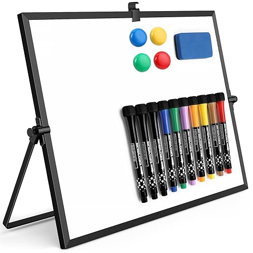 Dry Erase White Board, 16X12" Double-Sided Magnetic Whiteboard with 10 Markers, 4 Magnets, 1 Eraser, Small White Board With Stand, White Board Easel for Kids Drawing Memo to Do List Wall School, Black