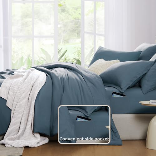 Image of Queen Comforter Set-7 Pieces Soft Prewashed Bed in a Bag Queen Bedding Sets | All Season Comforter with Sheets, Pillow Shams & Pillowcases,Oxford Blue
