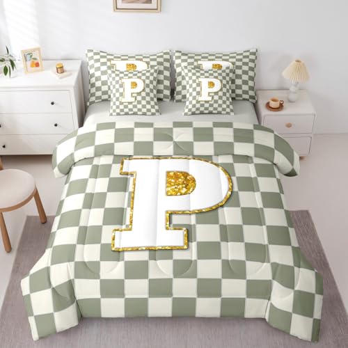 Image of Erosebridal Sage Green Checkered Full Bed in A Bag 7 Piece Plaid Initial P Comforter Set with Sheets Personalized Monogram Bedding Sets for Kids Adults,Fashion Grids Gingham Bed Set