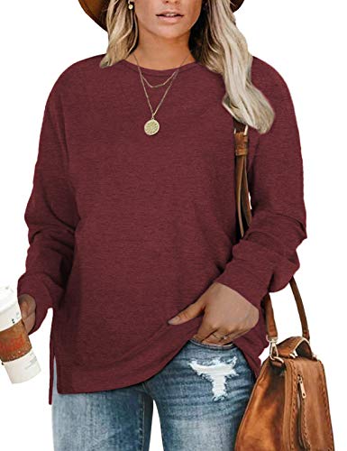 Plus Size Sweatshirts for Women 3X Side Slit Loose Tops Shirts Wine Red-24W