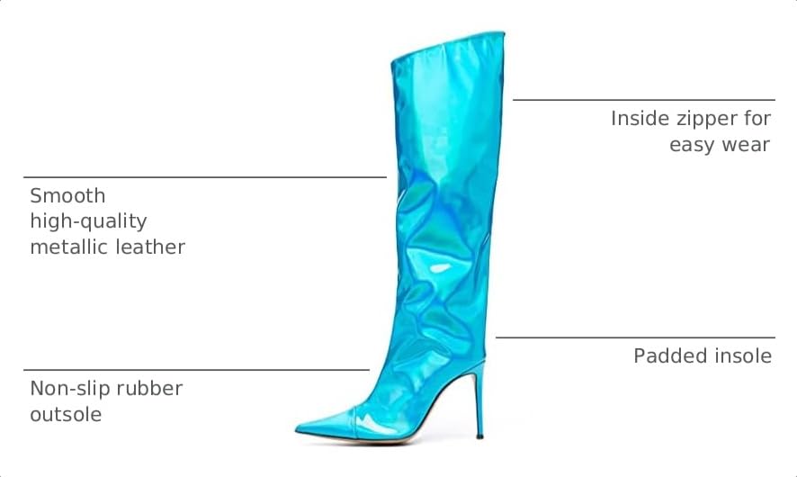Image of Arqa Knee High Boots for Women Wide Calf 4 in Stiletto High Heel Metallic Boots Winter Chrome Zipper Long Boots Dressy Party Shoes