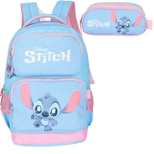 Mochila Infantil Stitch com Estojo Triplo Azul
