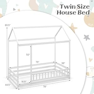 KOMFOTT Twin Size Floor House Bed, Wooden Montessori Bed with Roof & Full-Length Safety Guardrail, Floor Playhouse Bed Frame for Kids, Girls, Boys (White) KOMFOTT Twin Size Floor House Bed Wooden Montessori Bed with Roof Full Length Safety Guardrail Floor Playhouse Bed Frame for Kids Girls Boys White