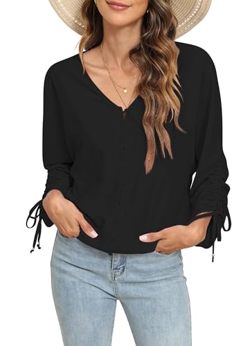 Image of 2025 Womens Chiffon Blouses V Neck 3 /4 Sleeve Tops Oversized Button Down Flowy Shirts Business Casual Outfits
