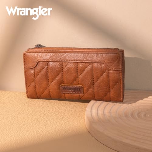 Image of Wrangler Brown Quilted Wallets for Women Slim Bifold Wallet Women RFID Wallets, Card Cases & Money Organizers Ladies Female Minimalist Travel Wallet with Smooth Zippers