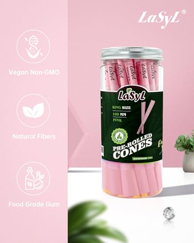 LaSyL Cones | Pre Rolled Cones (Pink) | 100 Pack King Size | Rolling Paper with Tips and Packing Tub