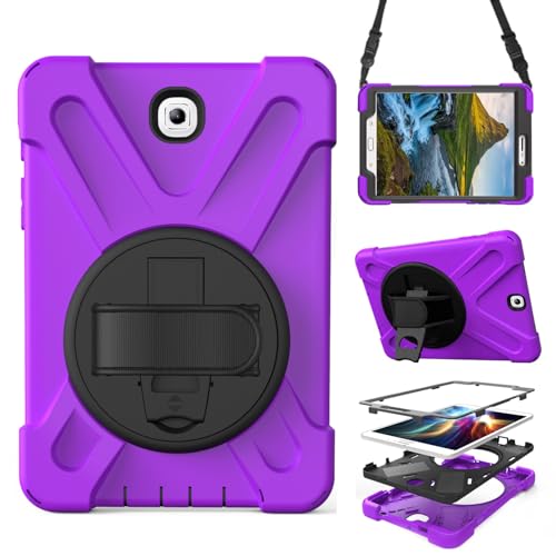Case for Samsung Galaxy Tab S2 8.0 2015 (SM-T710/T713/T715/T719),Portable Heavy Duty Dropproof Protective Cover Case with 360 Rotating Stand,Handle & Shoulder Strap,Stylus Pen (New Purple)