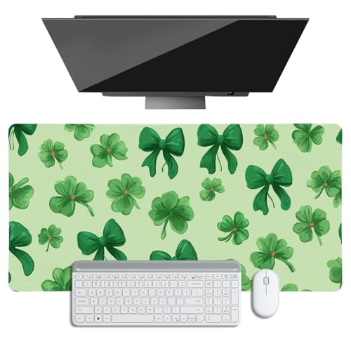 St Patrick's Day Desk Mat, Clover Bows Large Mouse Pad, PU Leather Waterproof Desk Protector Pad, Mousepad with Non-Slip Base Stitched Edge Keyboard Mat for Gaming Office