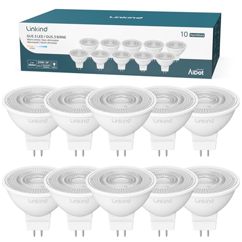 Linkind Bombilla LED GU5.3 MR16, 3.4W Equivalente 35W Bajo Consumo,2700K Blanco Cálido, no regulable, Ángulo de haz estrecho 36 °, Pack de 10