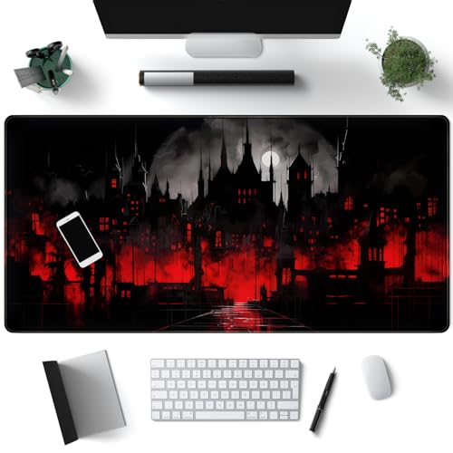 Black Castle Large Mouse Pad Red and Black Mousepad Gaming Playmat Game Mat, Big Full Keyboard and Mouse Pads Cool Desk Pad for Keyboard with Stitched Edges Anti-Slip Desk mat 31.5" X 15.7 "