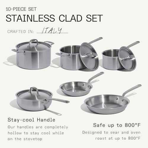 Image of Made In Cookware - 10 Piece Stainless Steel Pot and Pan Set - 5 Ply Clad - Includes Stainless Steel Frying Pans, Saucepans, Saucier and Stock Pot W /Lid - Professional Cookware - Crafted in Italy