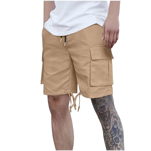 Cargo Shorts Herren Sommer Kurze Hosen Chino Shorts Kurz Arbeitshose Casual Laufshorts Einfarbig Herrenshorts mit Kordelzug Baggy Cargoshorts Männer Outdoorshorts Khaki S