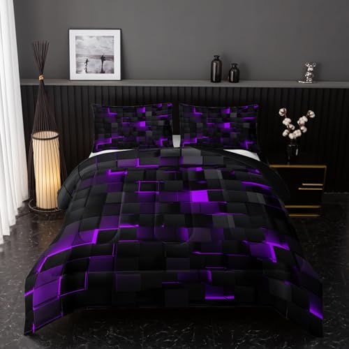 Image of Nttopship Neon Purple Black Comforter Set Full Geometric Kids Bedding Set,3 PCS Geometry Honeycomb Bed Set Modern Quilt Set 1 Comforter 2 Pillow Cases Cool Room Decor All Season B-Side Black