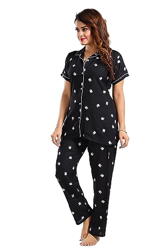 Image of Women's Cotton Heart Printed Night Suit Set of Shirt and Pyjama