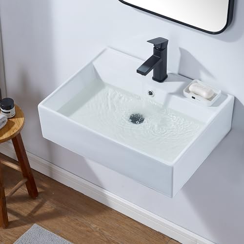 Funmier Wall Mount Bathroom Sink - 20x16 Inch Rectangular Porcelain Ceramic, White, Modern Floating Design - View #12