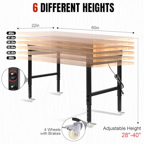 Image of Height Adjustable Workbench with Wheels 60 inchx22 inch Heavy Duty Work Table 2000 LBS Capacity Rolling Work Table Rubber Wood Work Station with Power Outlet & Pegboard for Garage, Office, Workshop