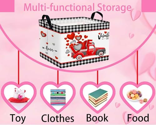 Image of Valentines Day Basket for Kids Heart Shaped Empty Storage Bins for Gifts with Handles Room Decor (Black Checkered Red Truck)