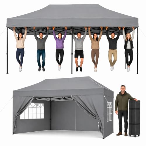 Image of Aoxun Pop Up Gazebo 3 x 4.5m with Sides, Waterproof Outdoor Canopy with Wheeled Carrybag,6 Weight Bags, 8 Stakes and 4 Ropes, Heavy Duty Instant Shelter for Garden Party BBQ, Grey