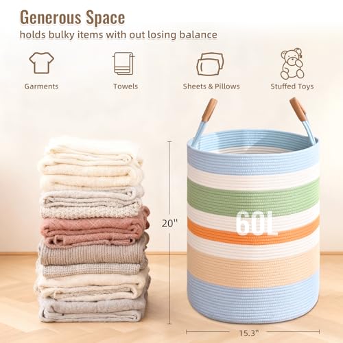 Image of Large Laundry Basket, Laundry Hamper with Leather Handles, 60L Woven Dirty Clothes Hamper, Rope Hampers for Bedroom, Barthroom, Rainbow