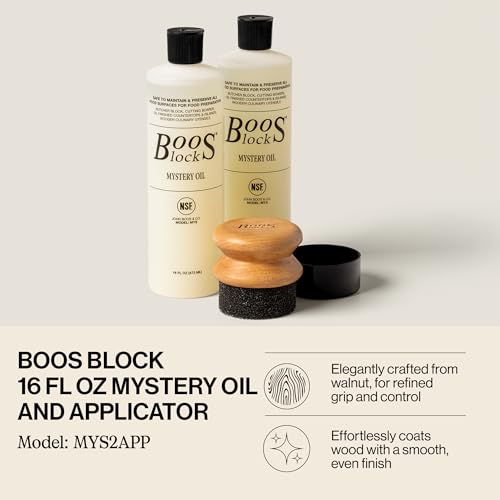 Image of John Boos 3-Piece Care Set, 2-Pack 16 oz Mystery Oil & Round Beechwood Applicator - All-Natural Maintenance Formula for Butcher Blocks, Wooden Countertops & Wood Utensils