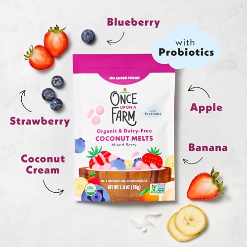 Image of Once Upon A Farm Organic Coconut Melts with Probiotics, Mixed Berry, Dairy Free, Non GMO, Kosher, 1 Ounces (Pack of 8) | Once Upon A Farm Organic Coconut Melts with Probiotics, Mixed Berry, Dairy Free, Non GMO, Kosher, 1 Ounces, 8 Pack