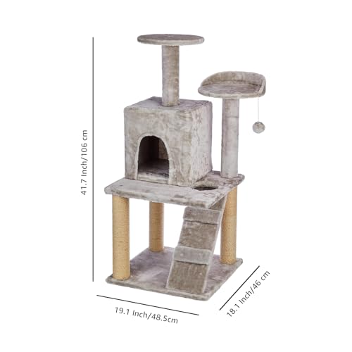 Image of Amazon Basics Large Cat Tree with Scratching Posts, Balls, Stairs and House | 48.5 x 45.5 x 106.5 cm | Grey