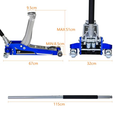 Gato hidráulico 3T para SUV y coches, doble pistón, altura de elevación de 110 – 508 mm, acero de aluminio, color azul y plateado