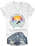 V Neck T Shirts for Women Sun Beach Vacation T-Shirt Summer Graphic Tee Palm Trees Hawaiian Short Sleeve Tshirt (White4, Medium)